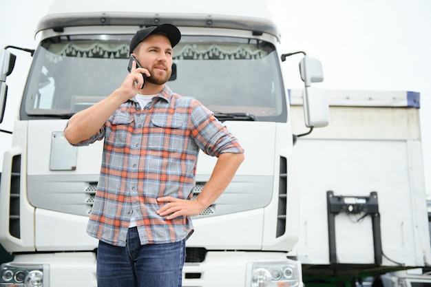 Photo truck driver tending a client on the phone