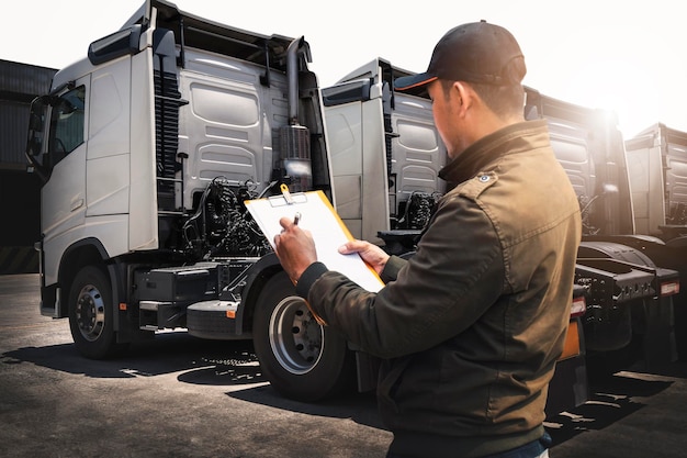 Foto guidatori di camion che controllano la sicurezza dei camion di manutenzione dei semirimorchi ispezione dei camion