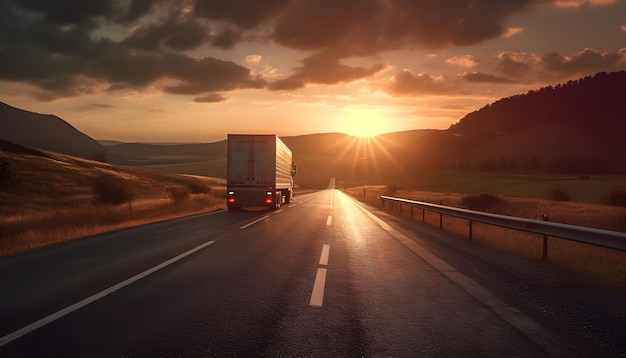 A truck drives down a road with the sun setting behind it