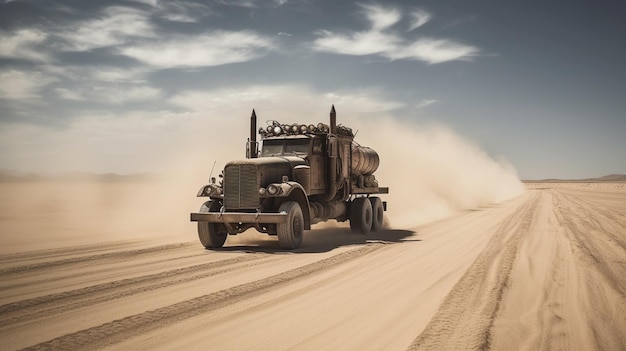 A truck drives through the desert with a cloudy sky in the background.