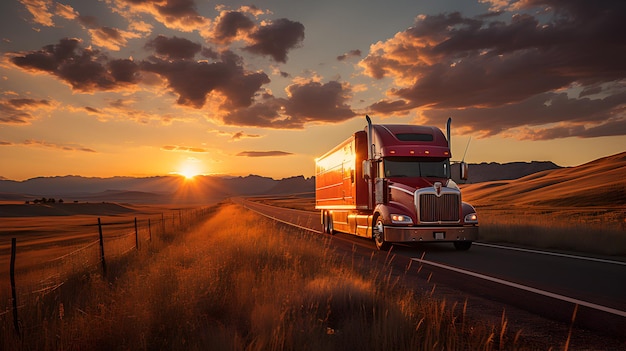 Photo a truck driving along a road at sunset