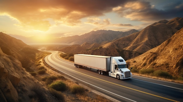 truck driving on asphalt road in the middle of a desert