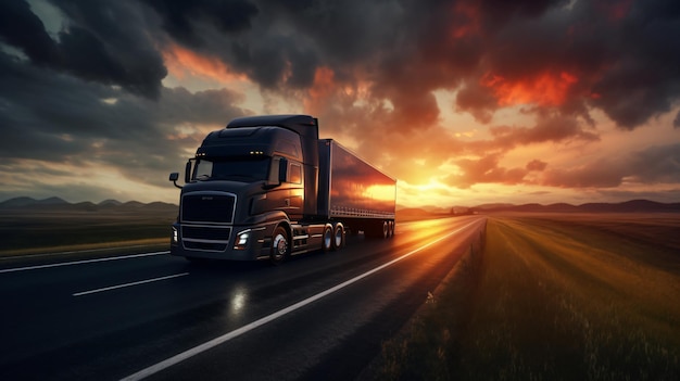 Truck driving on the asphalt road in rural landscape