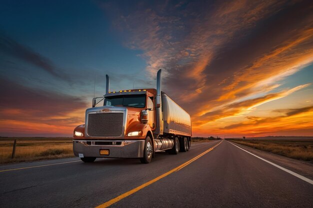 写真 公道で夕暮れにトラックを運転する