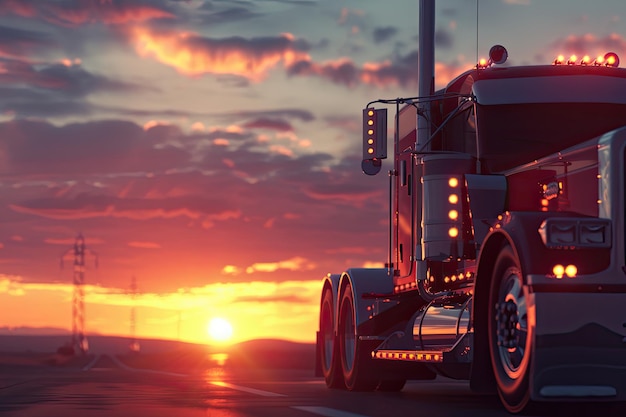 Truck driving over country road at sunset