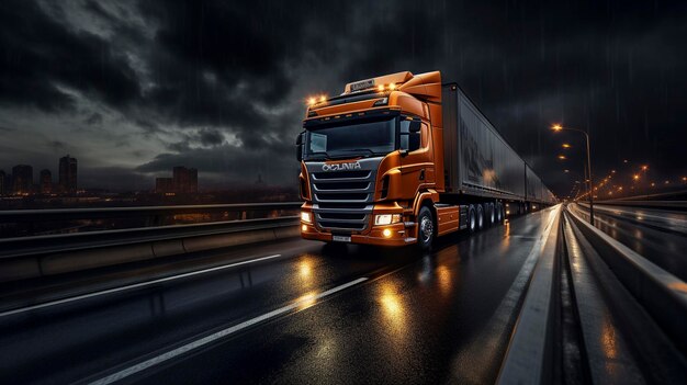 A truck driving down a highway at night professional photography Magazine photography realistic real