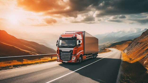 Truck driving down a highway at sunny day