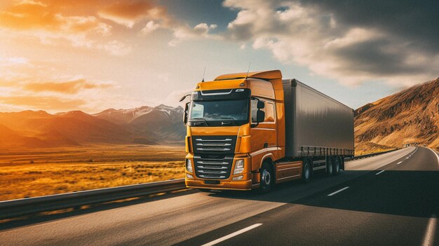 Truck driving down a highway at sunny day