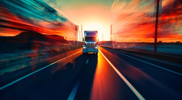 A truck driving down a highway at sunset