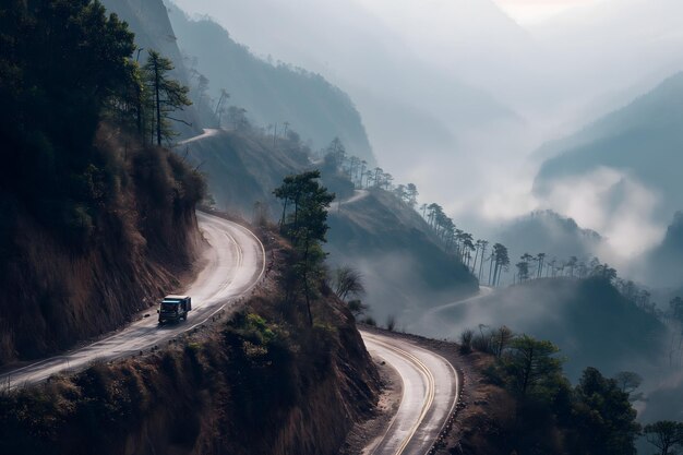 Truck Driving Down Mountain Road