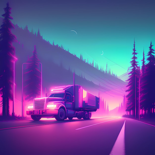 A truck driving down a road with a mountain in the background at sunset or dawn with a blue hue