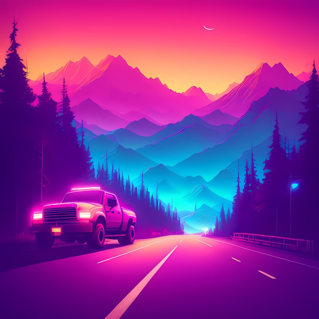 A truck driving down a road with a mountain in the background at sunset or dawn with a pink hue