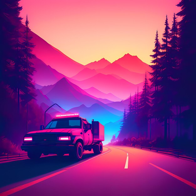 A truck driving down a road with a mountain in the background at sunset or dawn with a pink hue