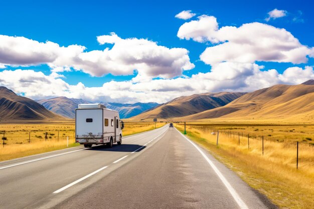 Truck driving down road with mountains in the background generative ai