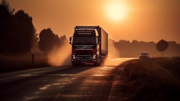 A truck driving down a road with a sunset in the background