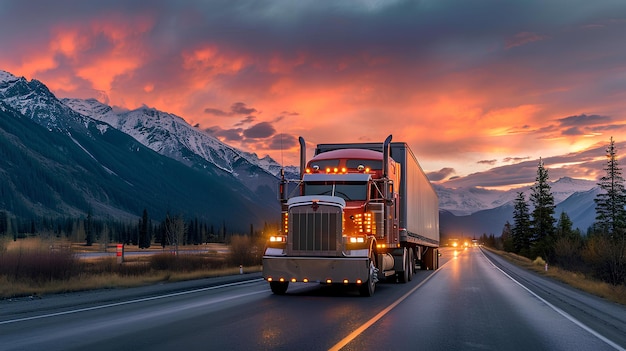 A truck driving in the dusk on a road