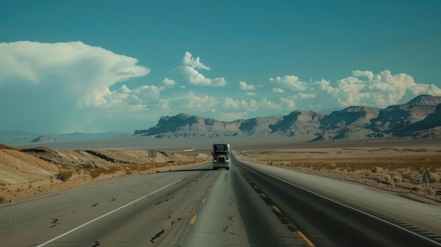 Truck driving on empty road on desert highway visual aid for driver safety training focusing on