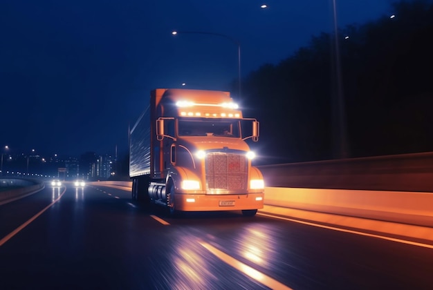 Truck driving on highway at night blurred motion speed car lights ai generative