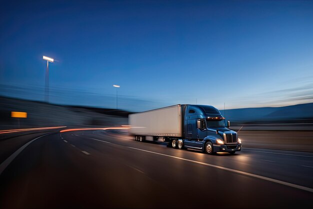 Truck driving on highway at night in motion blur