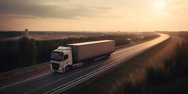 Truck driving on a highway at sunset