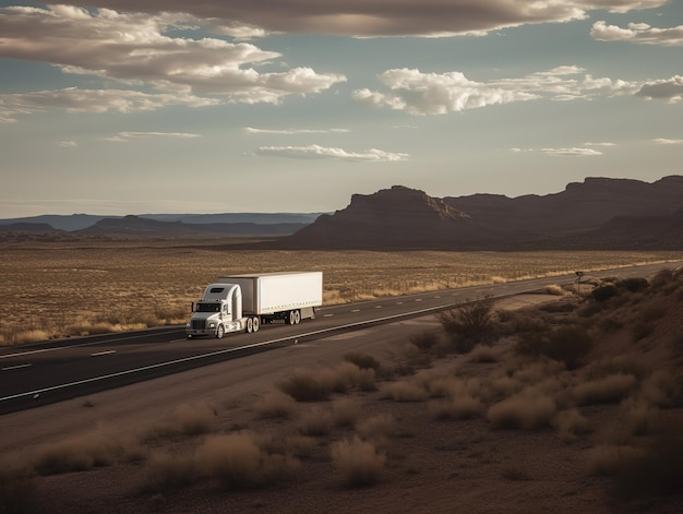 A truck driving on a highway with a mountain in the background.