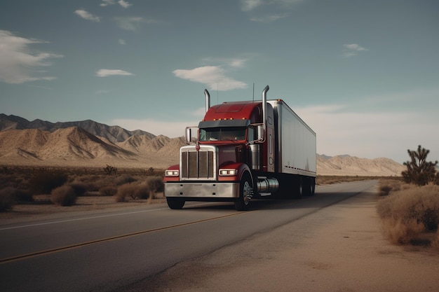 A truck driving on a highway with mountains in the background