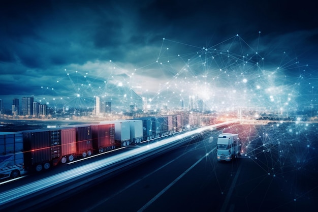 A truck driving on a highway with a network of boxes and a truck with the word logistics on the top.