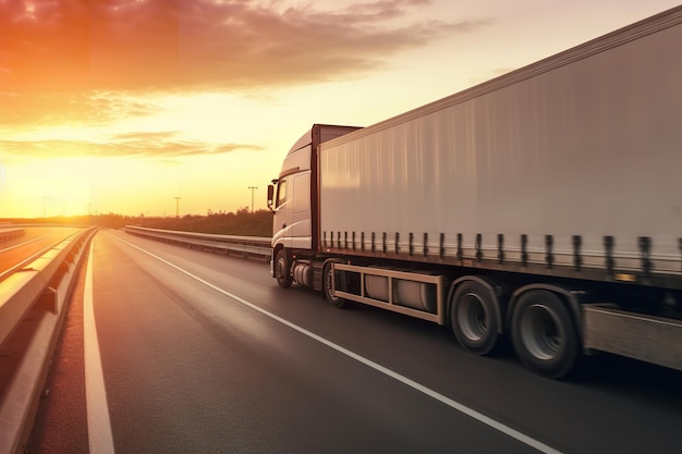 A truck driving on a highway with the sun setting behind it