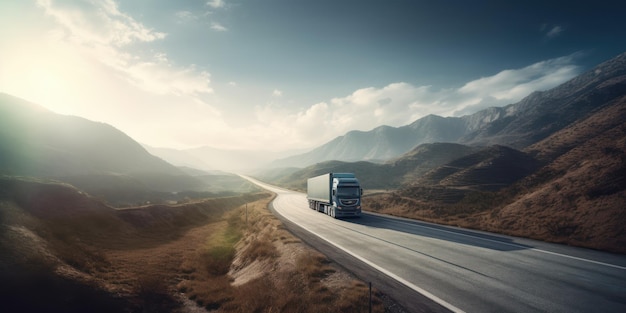 Truck driving on the road with beautiful landscape motion blur background Generative AI