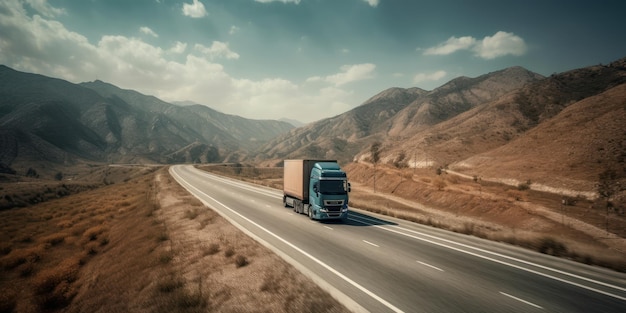 Truck driving on the road with beautiful landscape motion blur background Generative AI