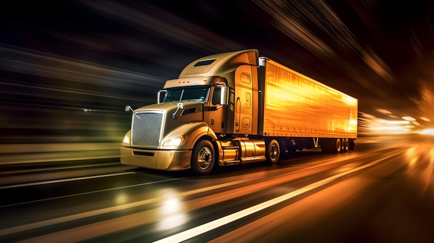 A truck driving on a road with a trailer on the side