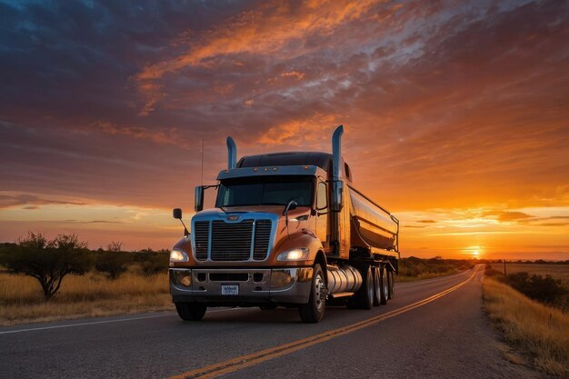 Truck Driving at Sunset on Open Highway