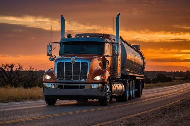 Foto camion che guidano al tramonto su un'autostrada aperta