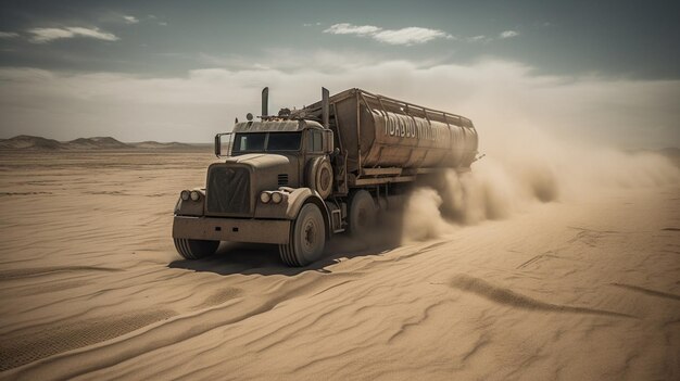 A truck driving through the desert with dust flying around it.