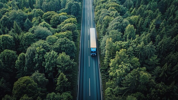 Truck Driving Through Forest on Road