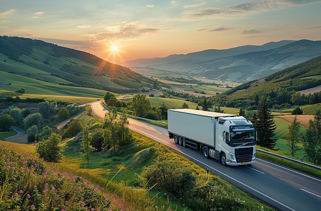 truck driving through highway on sunset logistics and transportation concept