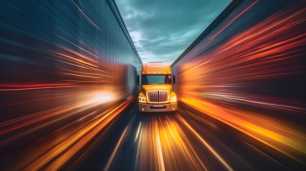 Photo a truck driving through a tunnel with the word shipping on the front.