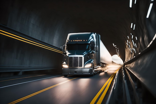 A truck driving through a tunnel with the words highway 1 on the side.