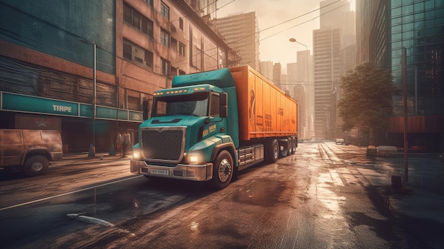 Truck driving on a wet road in the city