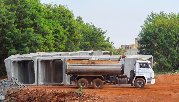 Truck dumping rubble