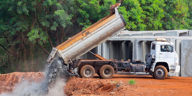 Truck dumping rubble