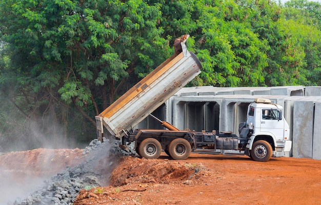 Truck dumping rubble