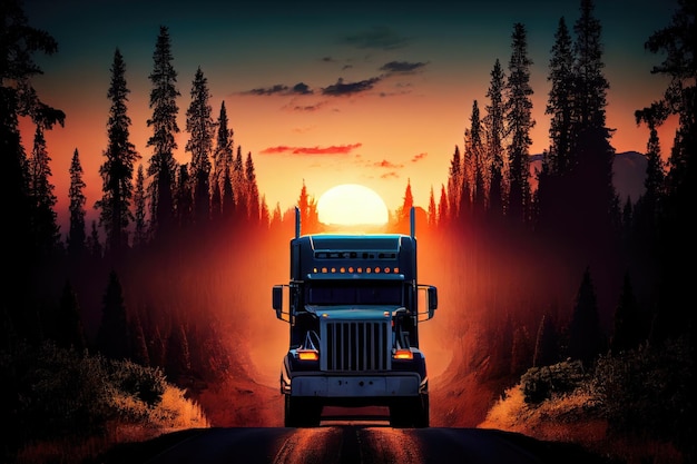 Truck on forest road with view of the sunset in the background