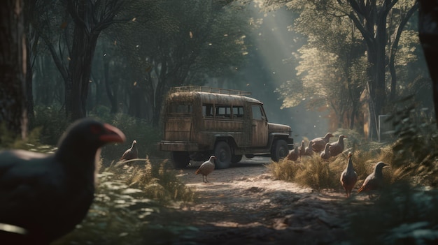 A truck in the forest with turkeys on the back