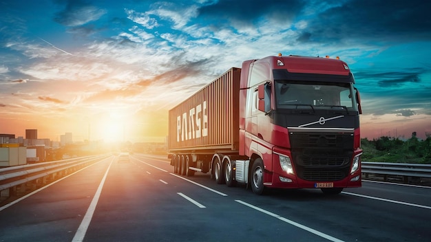 Truck on highway road with container logistic industrial transport with sunrise sky