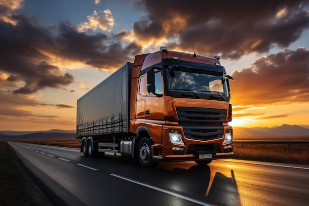 Truck on the highway at sunset Concept of transportation and logistics