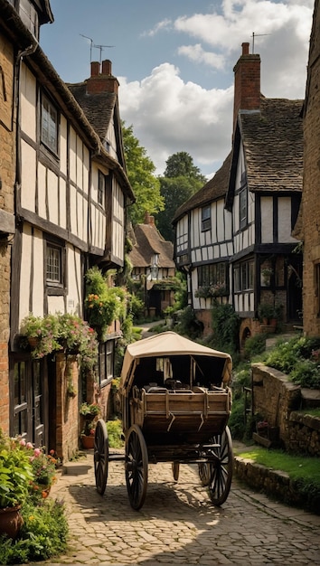 a truck is driving down a narrow street with a house in the background