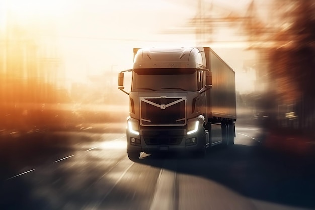 トラックが道路を走っているロジスティクスと運送管理の概念 商業的なビジネス貨物の配達 生成的なAIイラスト