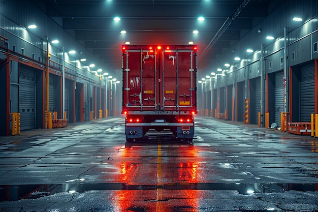 Foto un camion è parcheggiato in uno spazio di stoccaggio di notte nello stile di composizioni piene di luce transportcore generative ai