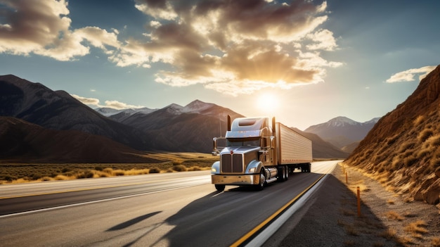 Truck Journey Amidst Sunlit Mountains